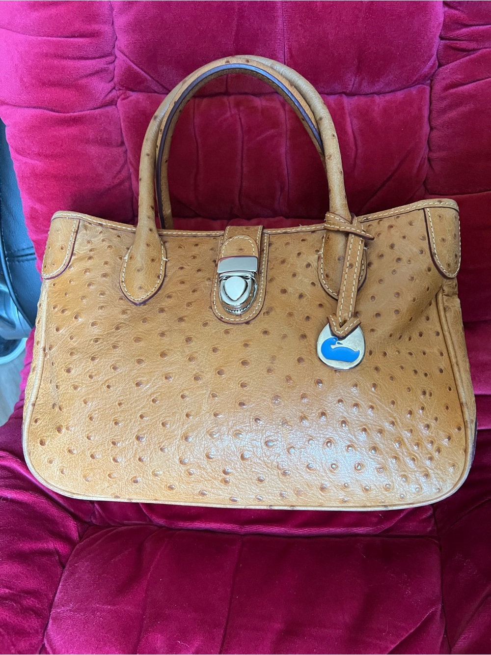 Dooney & Bourke Ostrich Embossed Leather Satchel Tote Bag - Cognac Tan